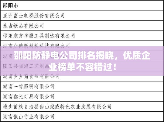 邵陽防靜電公司排名揭曉，優(yōu)質(zhì)企業(yè)榜單不容錯(cuò)過！